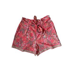 Max Studio Coral Pink Floral Paperbag Waiste Dress Shorts With Tie Belt